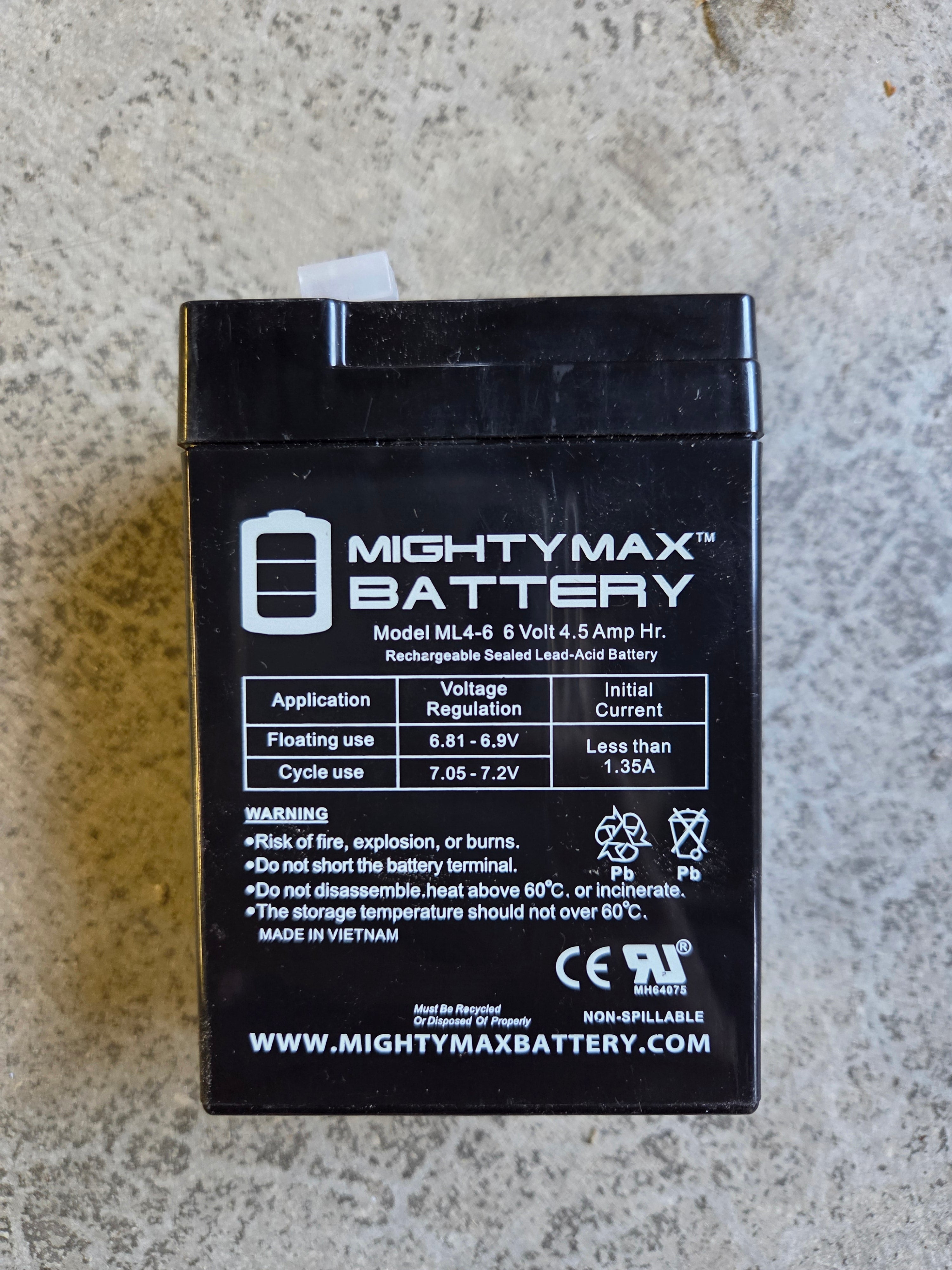 Mighty Max Battery Model ML4-6 6 Volt 4.5 Amp Hr.