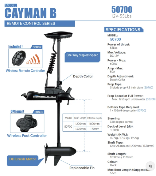 Cayman Bow Mount Trolling Motor 12V 55lbs
